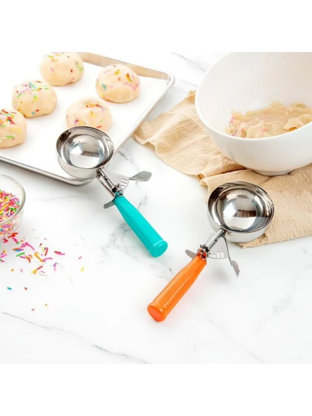 Stainless Steel Portion Scoop with Trigger Release - 6.5 oz, Teal Handle for